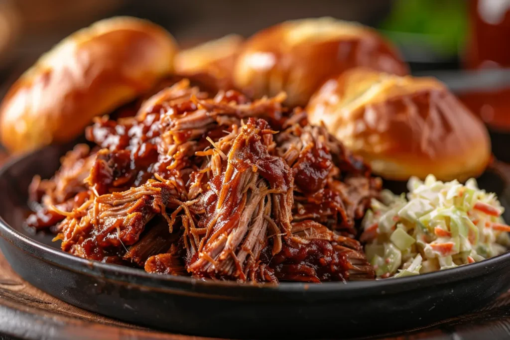 Shredded pulled pork made with 3 ingredients on a white plate