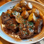 Large serving of crockpot steak and potatoes on a plate, featuring chunks of beef, Yukon Gold potatoes, and fresh parsley, captured with a phone camera.