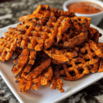 Huge serving of homemade sweet potato waffle fries on a plate, phone photo