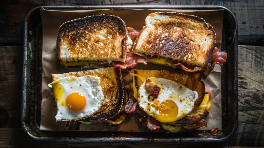 Three types of bacon jam grilled cheese on a serving tray: one with fried egg, one with brie and apples, and one spicy with jalapeños.