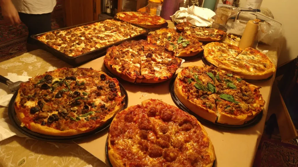 Variety of large homemade pizzas—sheet pan, round, and deep-dish—on a table.