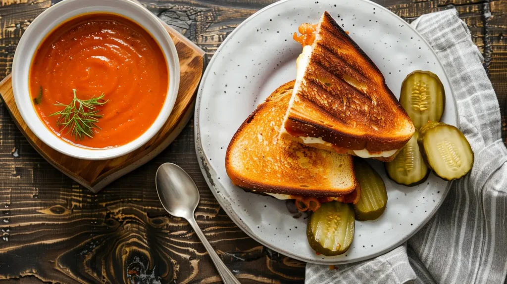 Grilled cheese sandwich with bacon jam served alongside tomato soup and pickles, styled on a cozy kitchen table.
