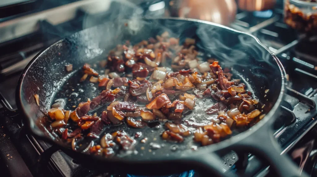 Overhead view of bacon jam cooking in a skillet, showing crispy bacon, caramelized onions, and bubbling sauce.