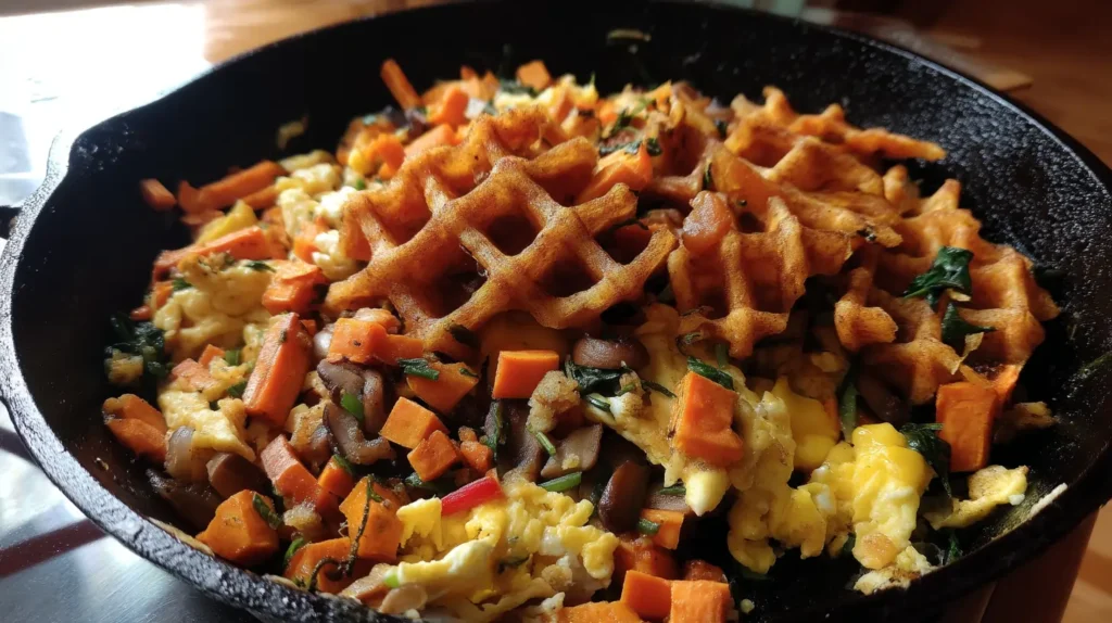 Breakfast hash skillet with leftover sweet potato waffle fries, scrambled eggs, and vegetables