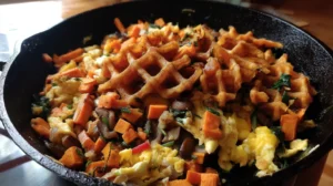 Breakfast hash skillet with leftover sweet potato waffle fries, scrambled eggs, and vegetables