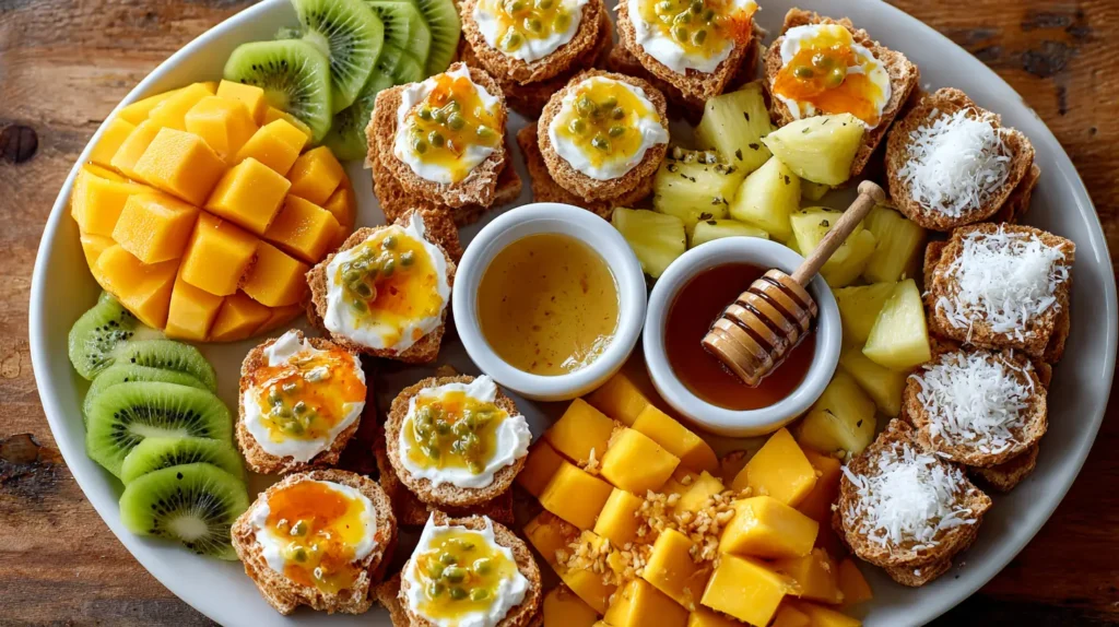 Platter of tropical yogurt custard toast surrounded by fresh mango, pineapple, coconut flakes, and honey, styled on a brunch table with coffee cups.