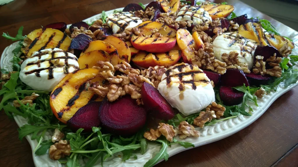 Burrata cheese platter with grilled peaches, roasted beets, arugula, and walnuts