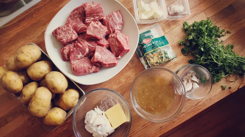 Ingredients for crockpot steak and potatoes—beef stew meat, Yukon Gold potatoes, onion soup mix, garlic, butter, beef broth, parsley—spread out on a kitchen counter.