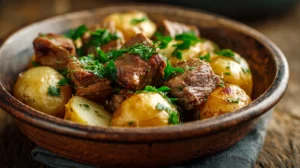 A hearty serving of crockpot steak and potatoes in a ceramic bowl, topped with fresh parsley.