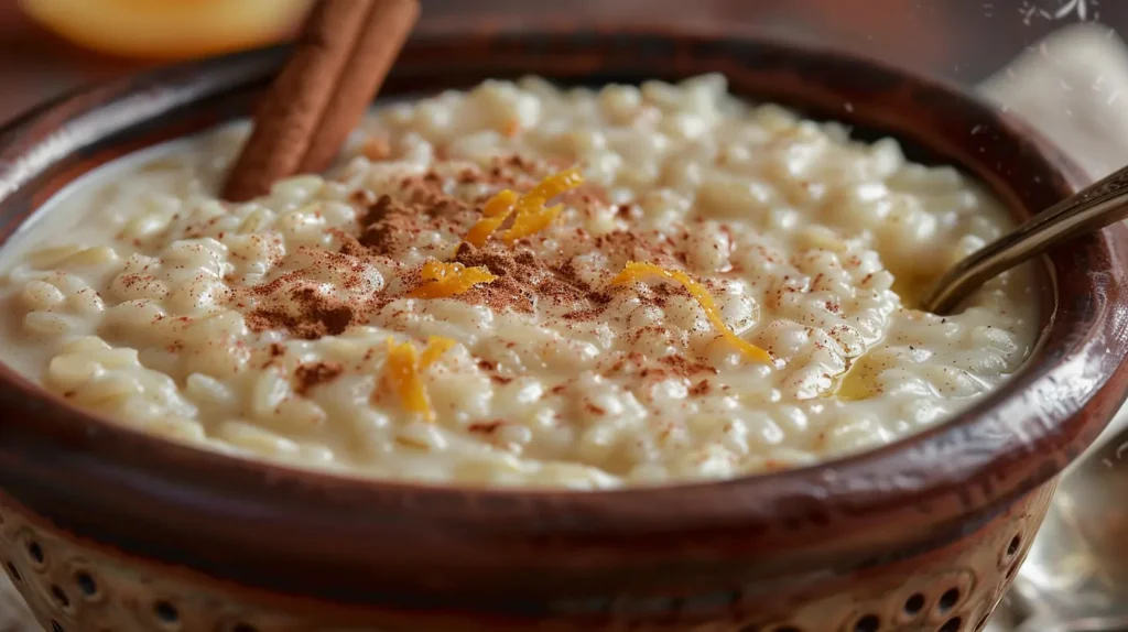 A cozy close-up of Cuban arroz con leche (rice pudding) in a ceramic bowl, garnished with a cinnamon stick and citrus zest.