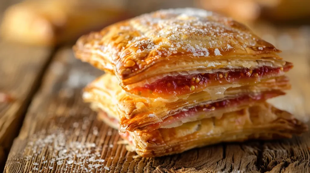 Freshly baked Cuban guava pastelitos with flaky pastry and sweet guava filling, shown close-up on a rustic wooden surface.