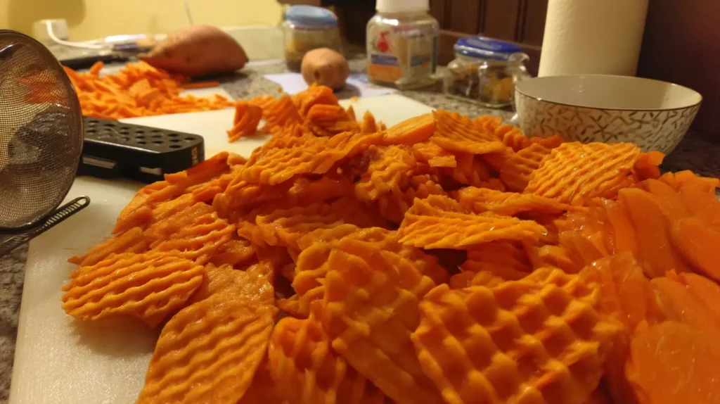 Slicing raw sweet potatoes into waffle shapes using a mandoline slicer