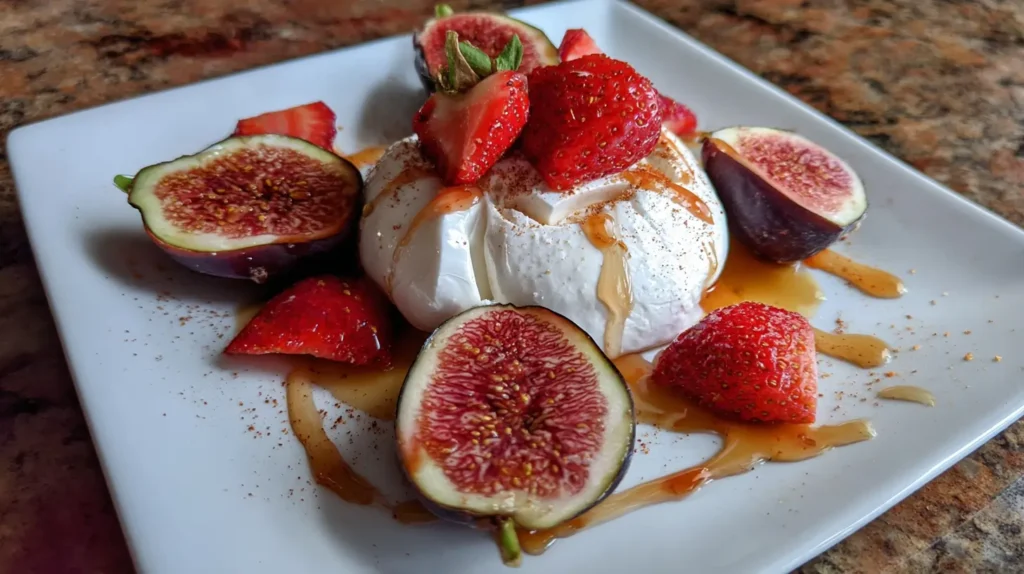 Burrata cheese platter with grilled peaches, roasted beets, arugula, and walnuts