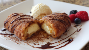 Golden xango dessert sliced in half, revealing creamy cheesecake filling, topped with caramel and chocolate sauce, on a white plate with a sprig of mint.