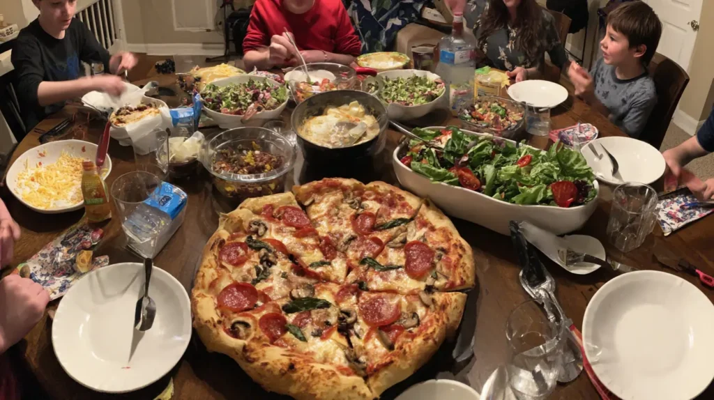 A large, freshly baked pizza at the center of a dinner table with family, salads, and drinks.