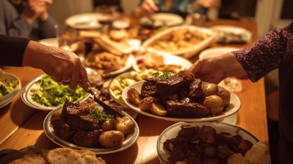 Hands serving large portions of crockpot steak and potatoes from a slow cooker at a family table, with side dishes of bread and salad.