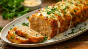 Large homemade garlic parmesan chicken meatloaf sliced on a family dinner table