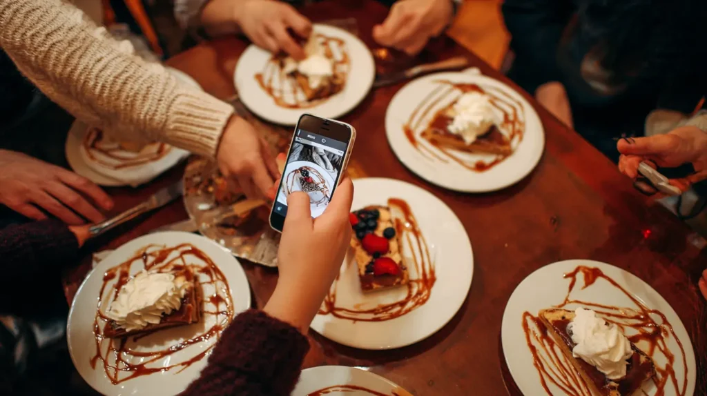 A family or group of friends sharing slices of xango dessert at a dinner table, with sauces, whipped cream, and berries.