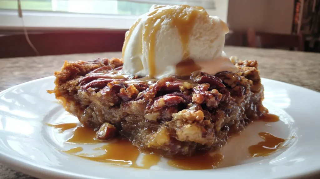 Pecan pie dump cake bubbling in a glass baking dish
