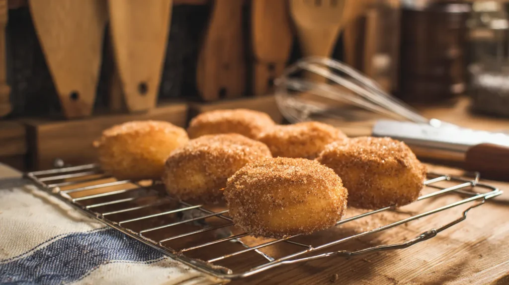 Freshly fried xango desserts cooling on a wire rack, dusted with cinnamon sugar, with kitchen towels in the background.