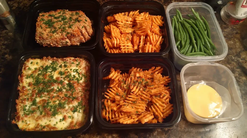 Garlic parmesan chicken meatloaf slices in meal prep containers with sides