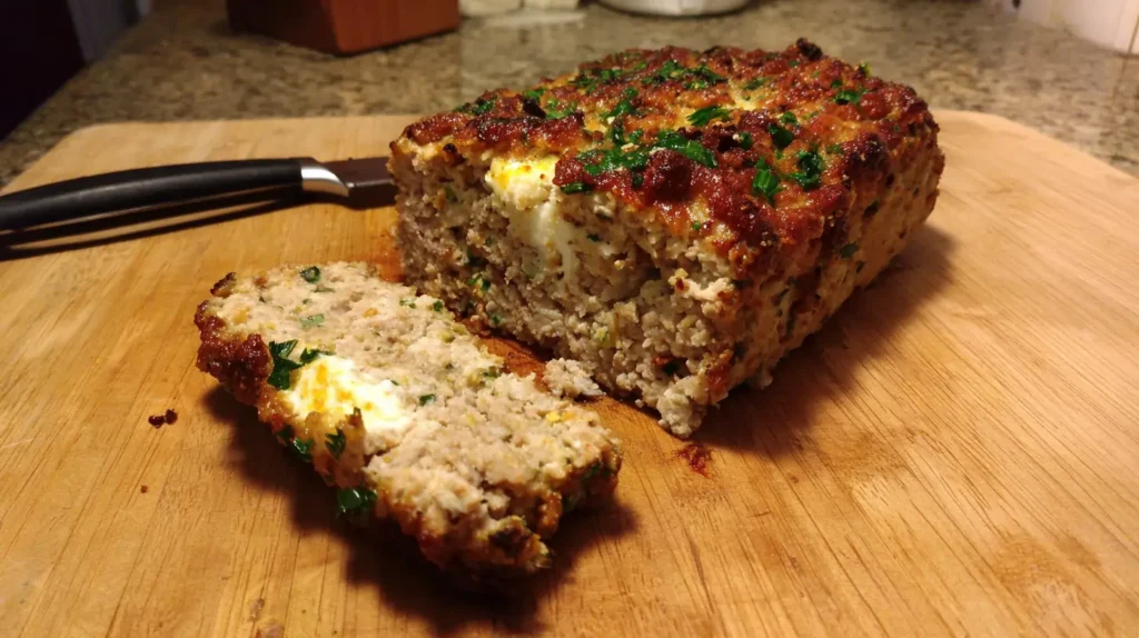 Close-up of a thick slice of juicy garlic parmesan chicken meatloaf with cheese