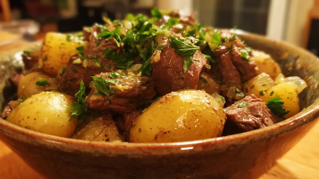 Large, generous serving of crockpot steak and potatoes in a ceramic bowl, topped with fresh parsley, photographed with a phone camera.