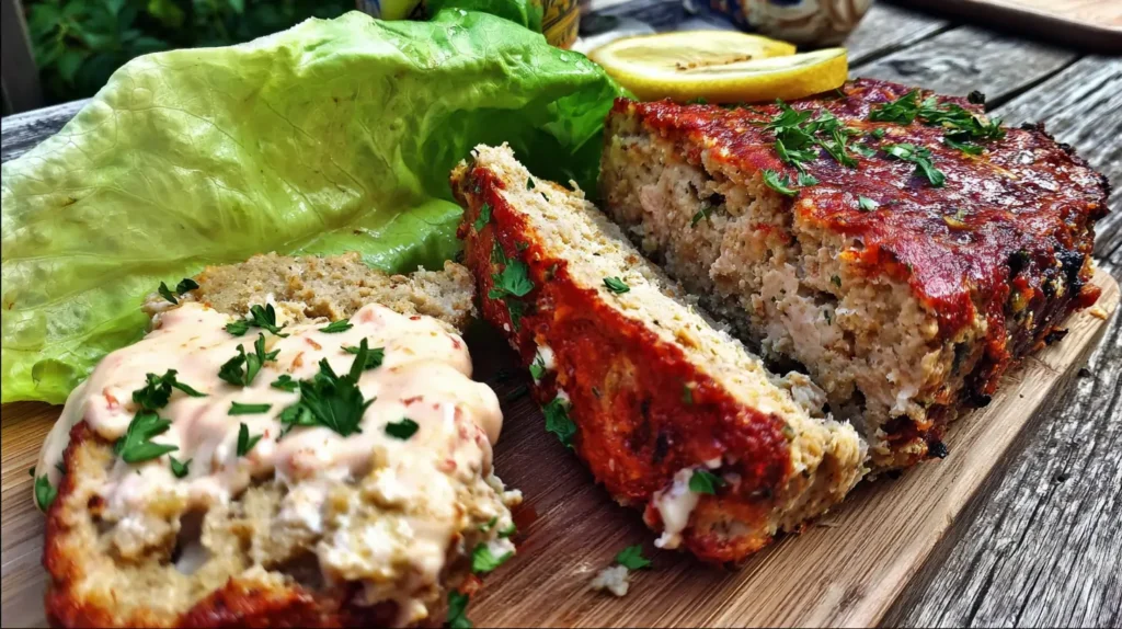 Hearty sandwich made with leftover garlic parmesan chicken meatloaf, lettuce, and sauce