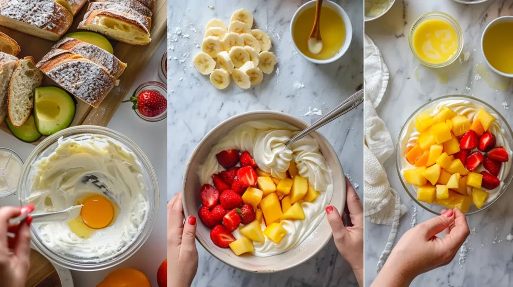 Four-panel collage showing the process: preparing bread, mixing custard, filling bread, and topping with tropical fruit for yogurt custard toast.