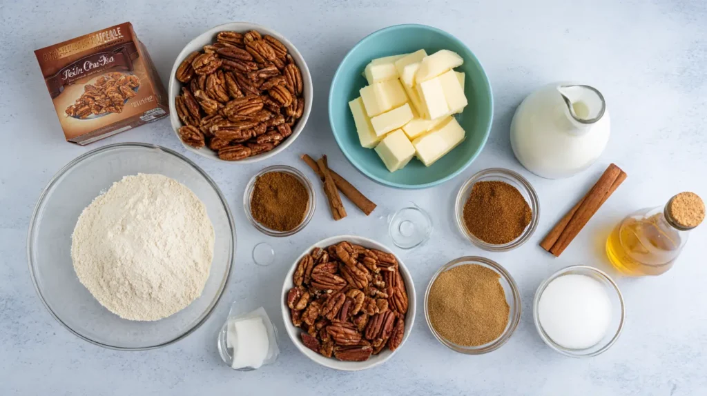 Flat lay of cake mix, pecans, brown sugar, butter, and cinnamon