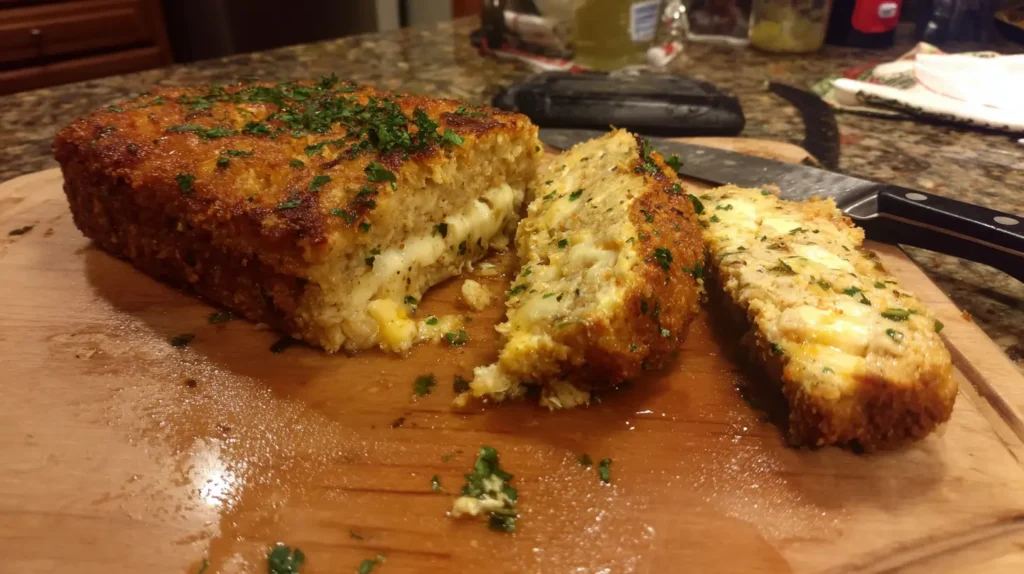 Garlic parmesan chicken meatloaf on a cutting board in a home kitchen with veggies