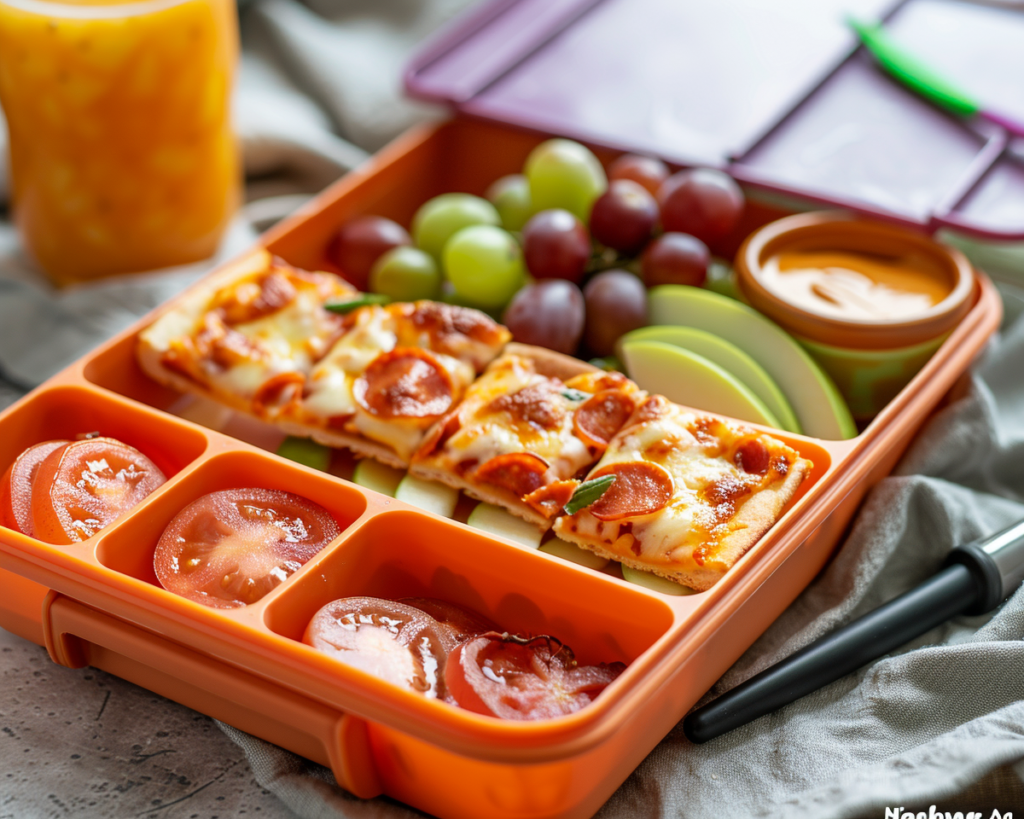 Colorful lunchbox filled with pizza crunchers, fruit, and dipping sauce