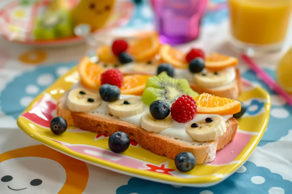 Tropical yogurt custard toast slices decorated with fruit faces, served on a colorful children’s plate with orange juice and a playful tablecloth.
