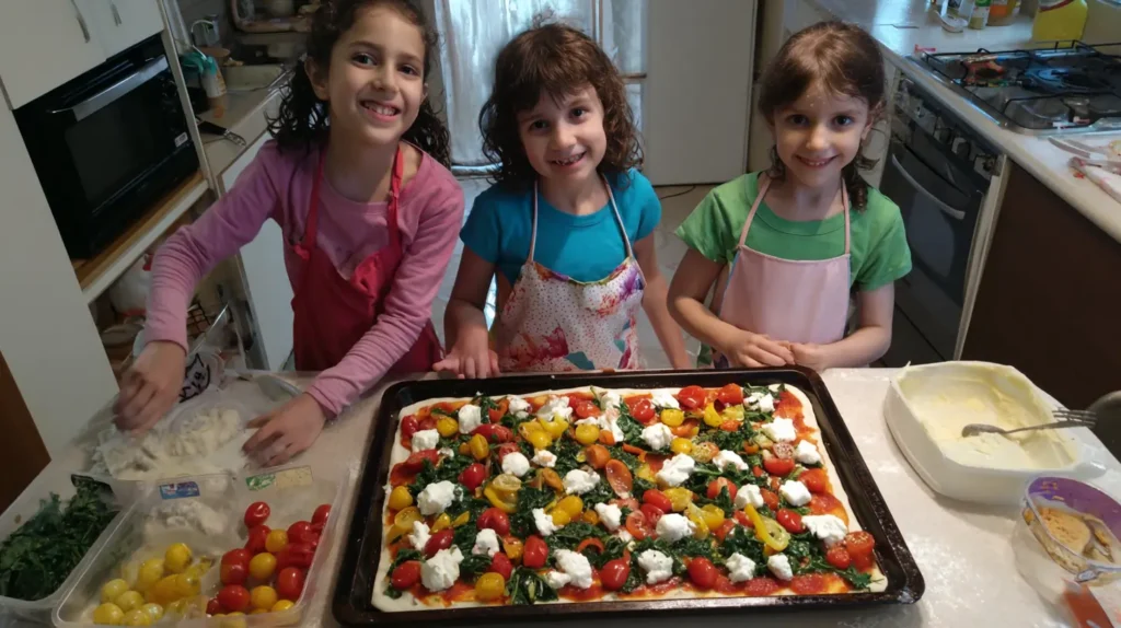 Children adding cheese and colorful vegetables to their sections of a large pizza.