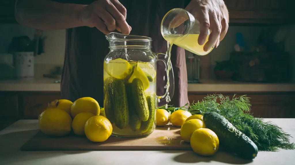 Hands pouring pickle brine into a pitcher of lemonade, surrounded by fresh lemons, pickles, and dill