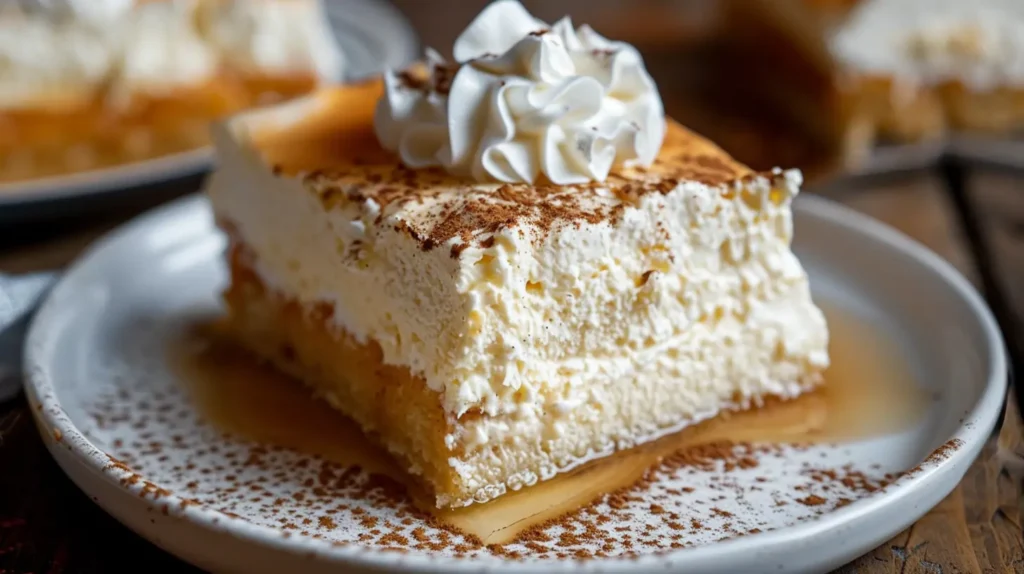 A close-up of a slice of Cuban tres leches cake, topped with whipped cream and cinnamon, with milk soaking into the cake.