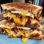 Close-up of a thick bacon jam grilled cheese sandwich with melted cheddar and gruyère, layered with bacon jam, tomato slices, and a fried egg, on toasted sourdough bread.