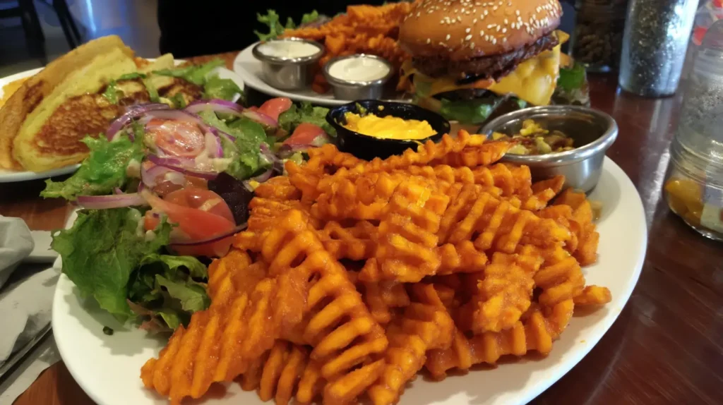 Sweet potato waffle fries served with a burger, salad, and sauces on a dinner table
