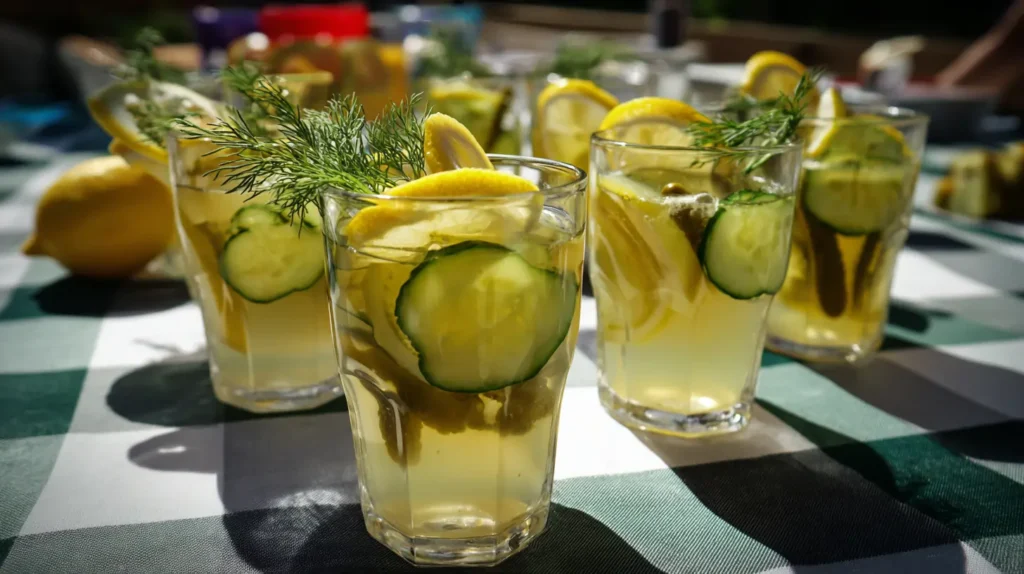 Glasses of Pickle Lemonade with lemon, pickles, and dill on a picnic table in the sun