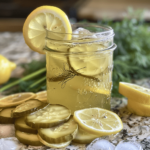 Homemade Pickle Lemonade served with ice, lemon slices, and dill in a mason jar