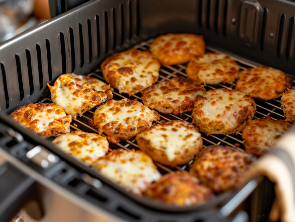 Pizza crunchers cooking in an open air fryer basket, golden and crispy