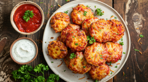 Overhead view of pizza crunchers on a white plate with dipping sauces on a rustic wooden table