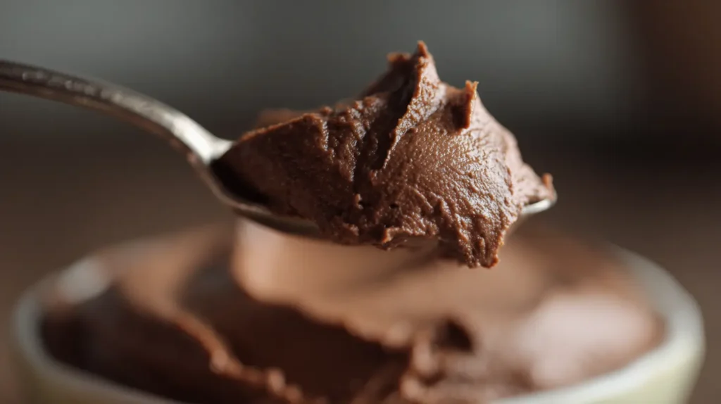 Close-up of a spoon lifting creamy chocolate mousse above a serving dish, with soft background blur