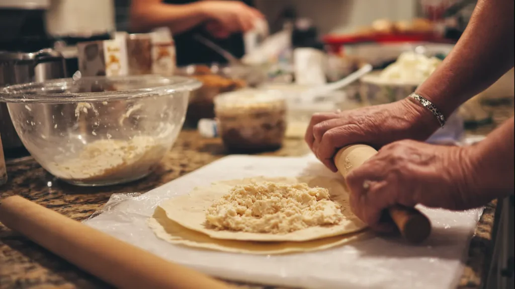 Hands filling and rolling a flour tortilla with cheesecake mixture on a kitchen counter, surrounded by dessert ingredients.