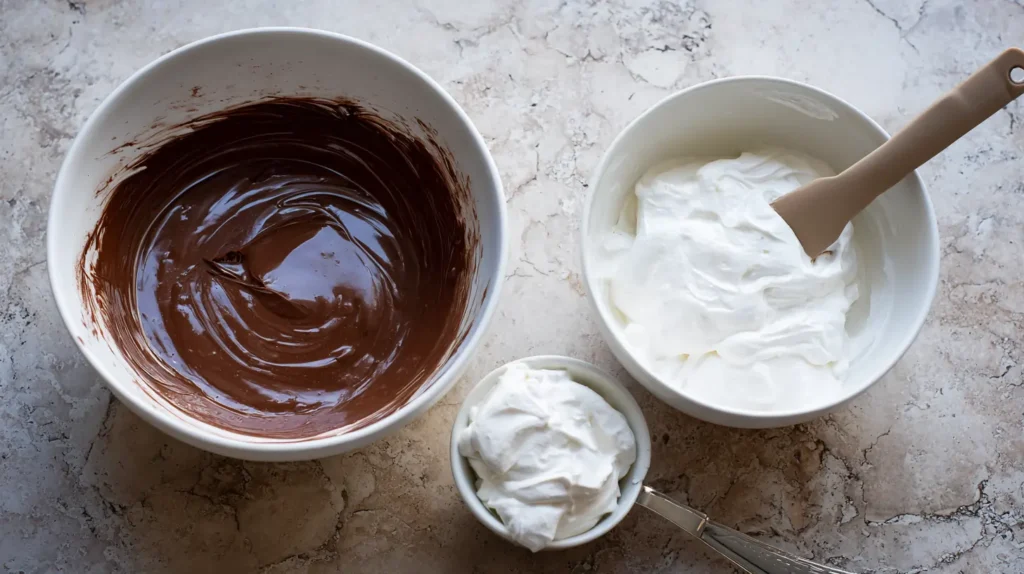 Kitchen counter with bowls of melted chocolate and whipped cream, spatula ready to fold, all ingredients labeled for mousse making