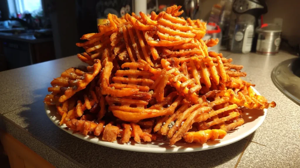 Enormous pile of homemade sweet potato waffle fries on a plate, with dipping sauces