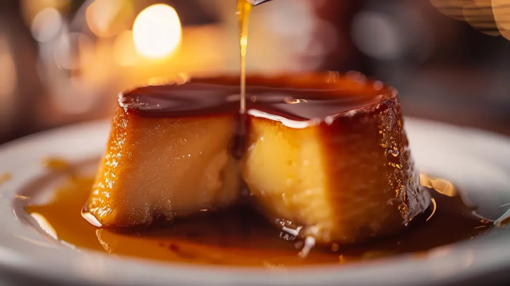 A close-up photo of creamy Cuban flan topped with glossy caramel sauce, served on a white plate.