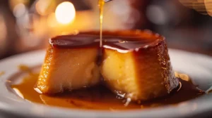 A close-up photo of creamy Cuban flan topped with glossy caramel sauce, served on a white plate.