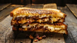 Bacon jam grilled cheese sandwich on sourdough bread, with melted cheddar and gruyère oozing out, crispy golden crust, rustic wood background.