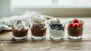 Four glasses of 3 ingredient chocolate mousse, each with different toppings, lined up on a rustic kitchen table in natural light